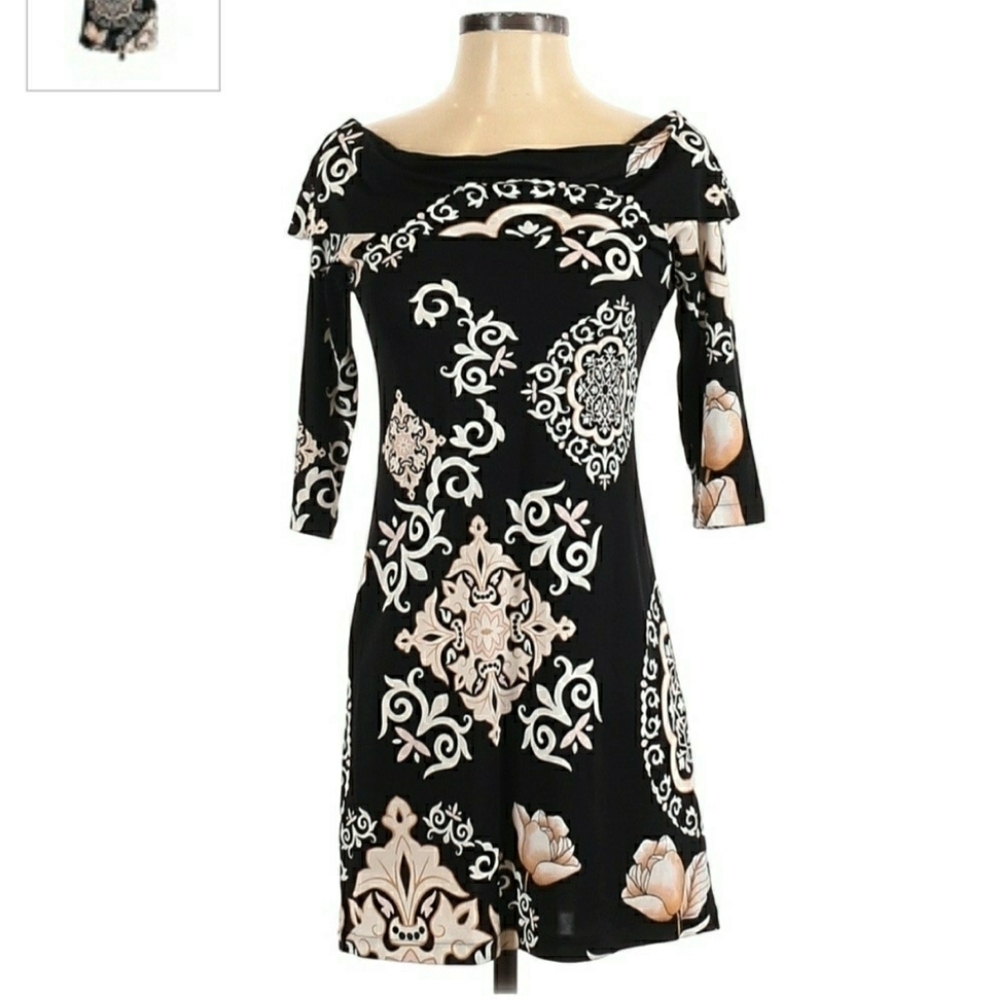 White House Black Market WHBM Dress Off Shoulder Floral Medallion Long sleeve
